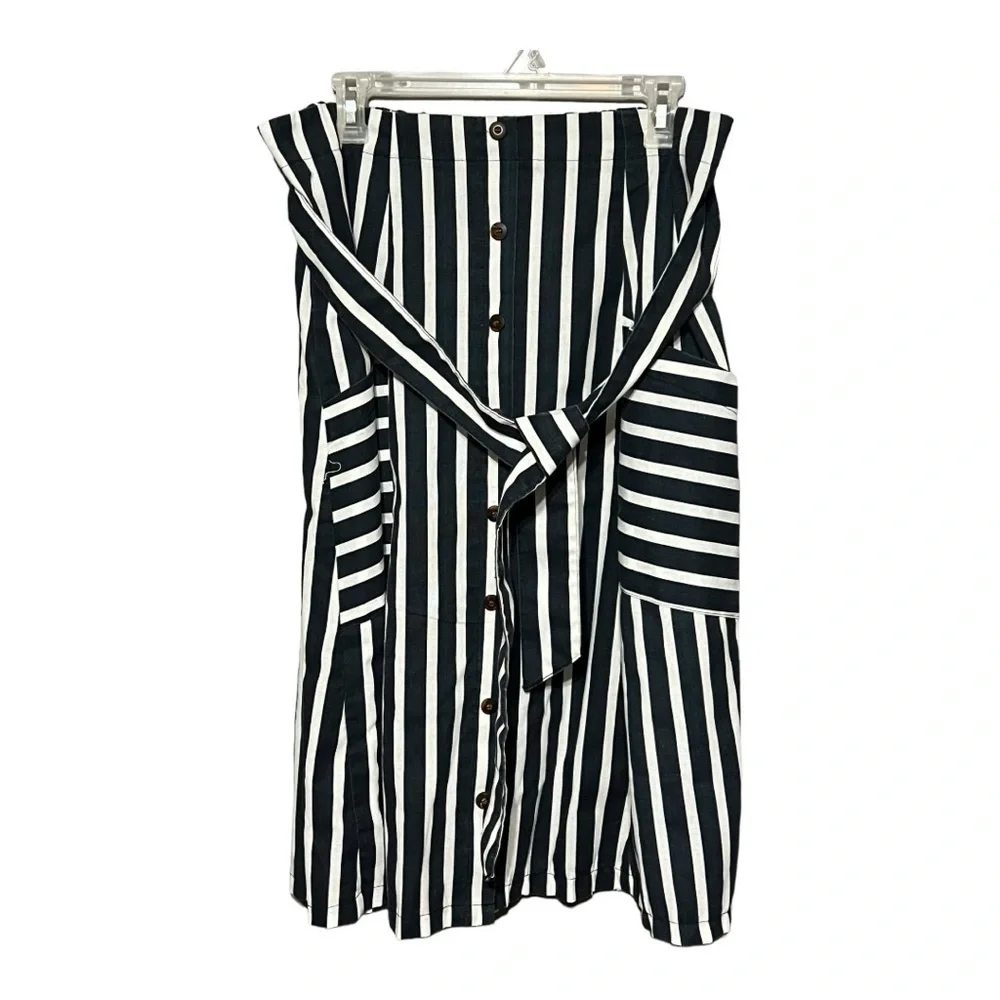 MetroWear Navy White Striped Linen Rayon Button Front Belted Midi Skirt XL